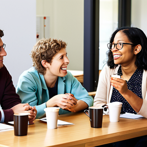 Home 11 **Image Prompt:** A diverse group of scientists from different fields (neurobiology, economics) enthusiastically discussing ideas over coffee at an interdisciplinary workshop. The scene should be bright, informal, and filled with collaborative energy. Focus on the exchange of thoughts and perspectives.